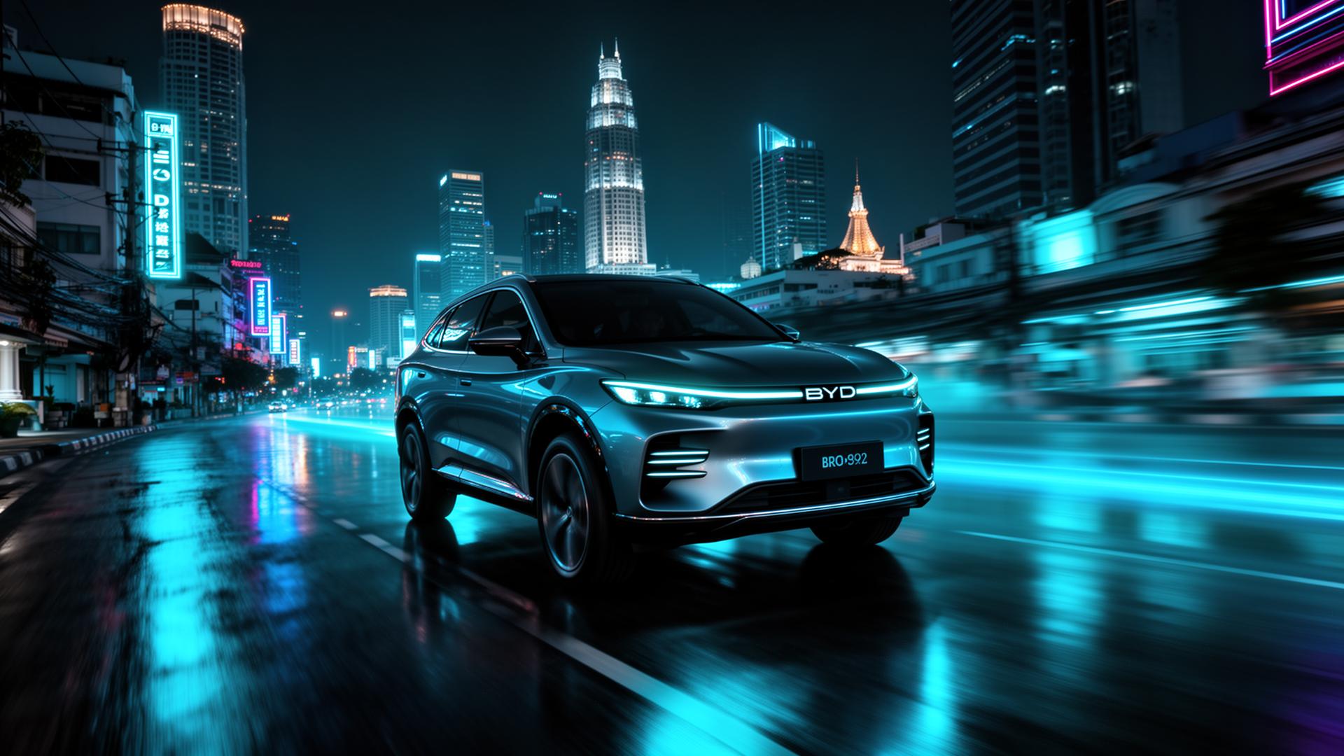 BYD electric SUV driving through Bangkok at night